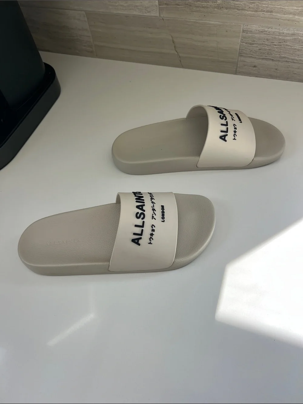 ALLSAINTS underground logo open toe slip on slider sandals cream light gray 42